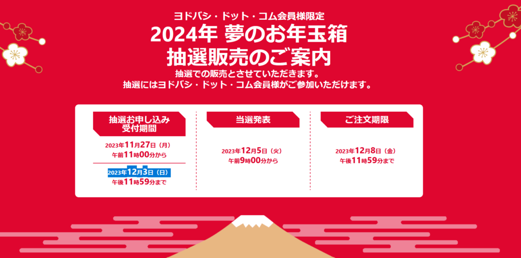 ヨドバシ・ドット・コム会員様限定
2024年 夢のお年玉箱
抽選販売のご案内　画像
